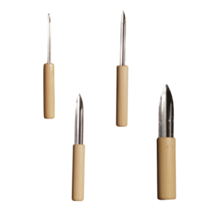 Pottery hole-making scoop with stainless steel head and wooden handle for creating large holes.