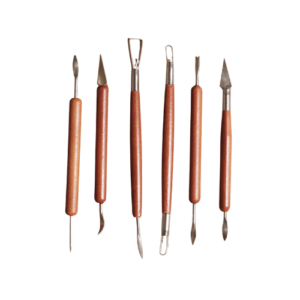 Set of six double-ended pottery carving tools for fine detail work, including carvers, scrapers and small palette-knife styles.
