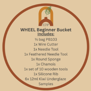 Emma Does Pottery beginner kit bucket with clay, underglaze samples and pottery tools for first-time makers.
