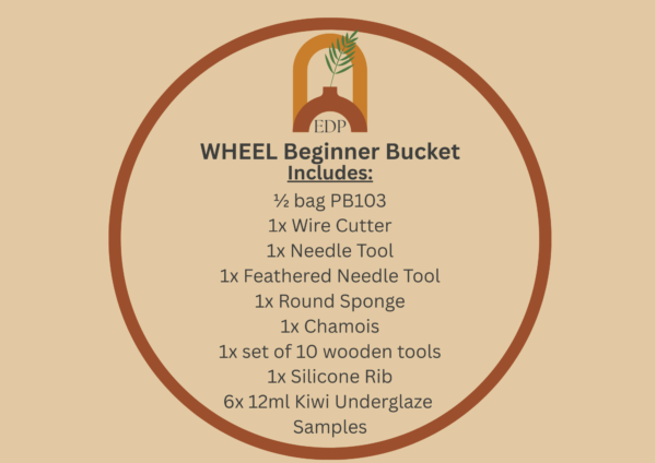 Beginner Bucket - WHEEL Emma Does Pottery beginner kit bucket with clay, underglaze samples and pottery tools for first-time makers.