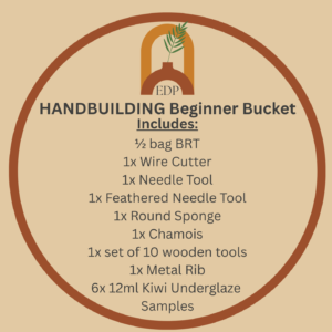 Emma Does Pottery beginner kit bucket with clay, underglaze samples and pottery tools for first-time makers.