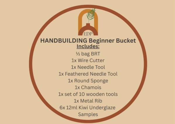Emma Does Pottery beginner kit bucket with clay, underglaze samples and pottery tools for first-time makers.