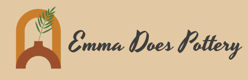 Brand logo for Emma Does Pottery. On the left, a large orange arch over a small terracotta arch shaped like a vase with a green leaf coming out of it. the logo reads Emma Does Pottery in cursive writing
